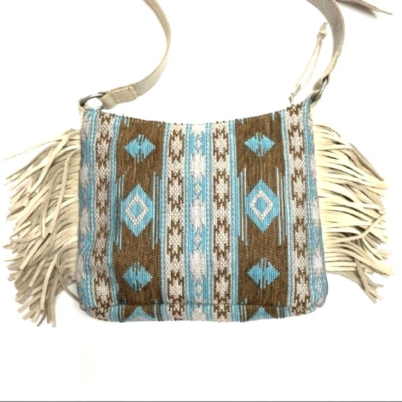 MINNETONKA Baja Western Jacquard Boho chic Suede Fringe Crossbody Bag Ivory Blue - Picture 5 of 12